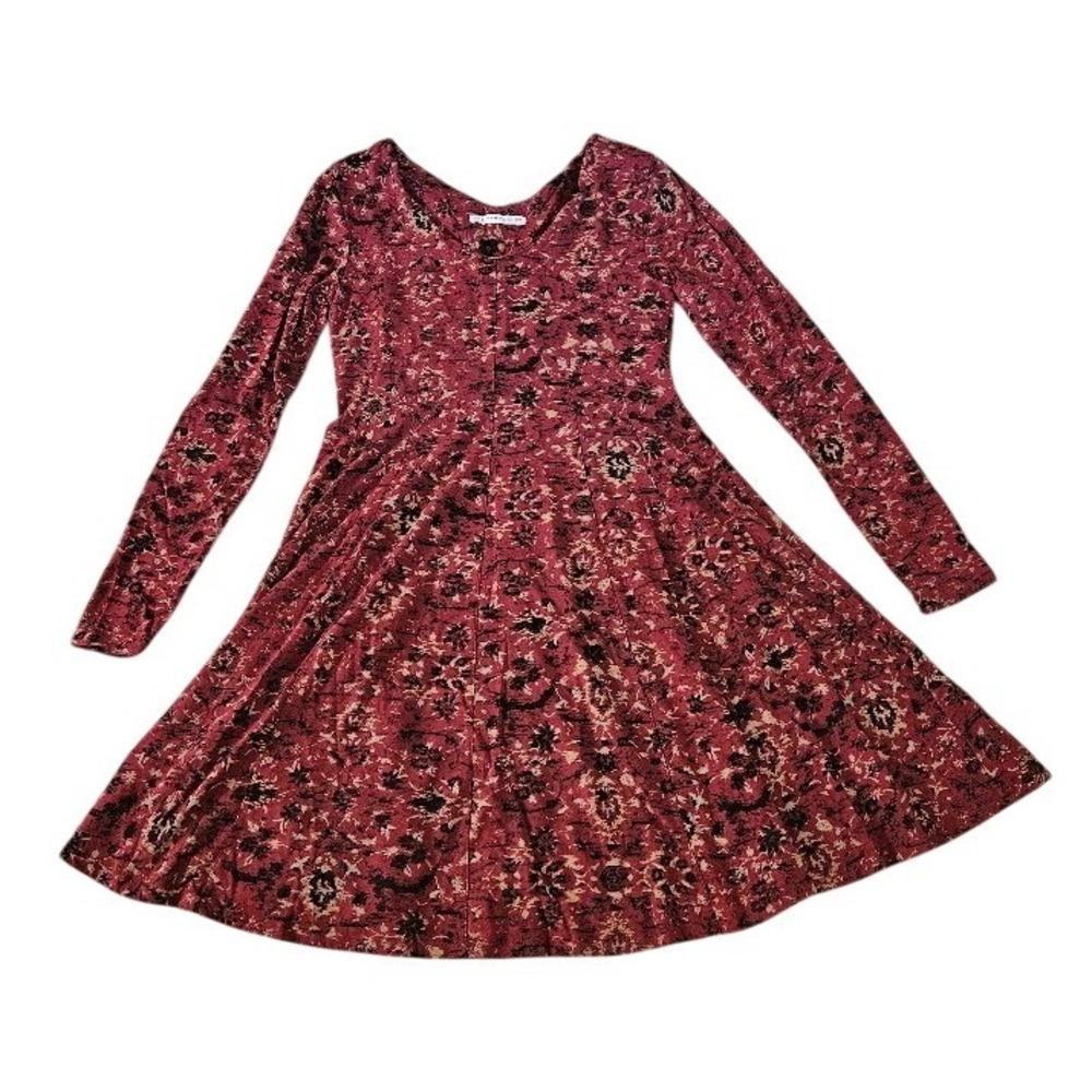 Peruvian Connection Red Floral Cotton Fit Flare Dress Womens Medium Long Sleeve